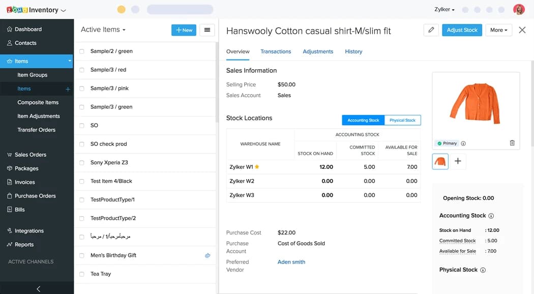 Zoho Inventory item details screen showing stock levels, warehouse locations, and product information