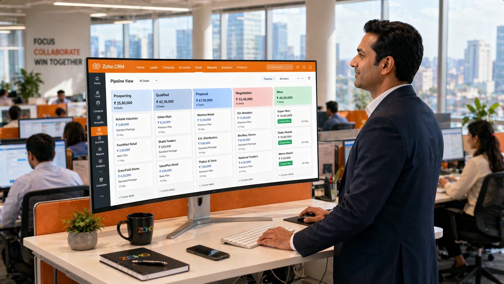 Sales manager reviewing live Zoho CRM pipeline with all deals, stages and rep activity in one view